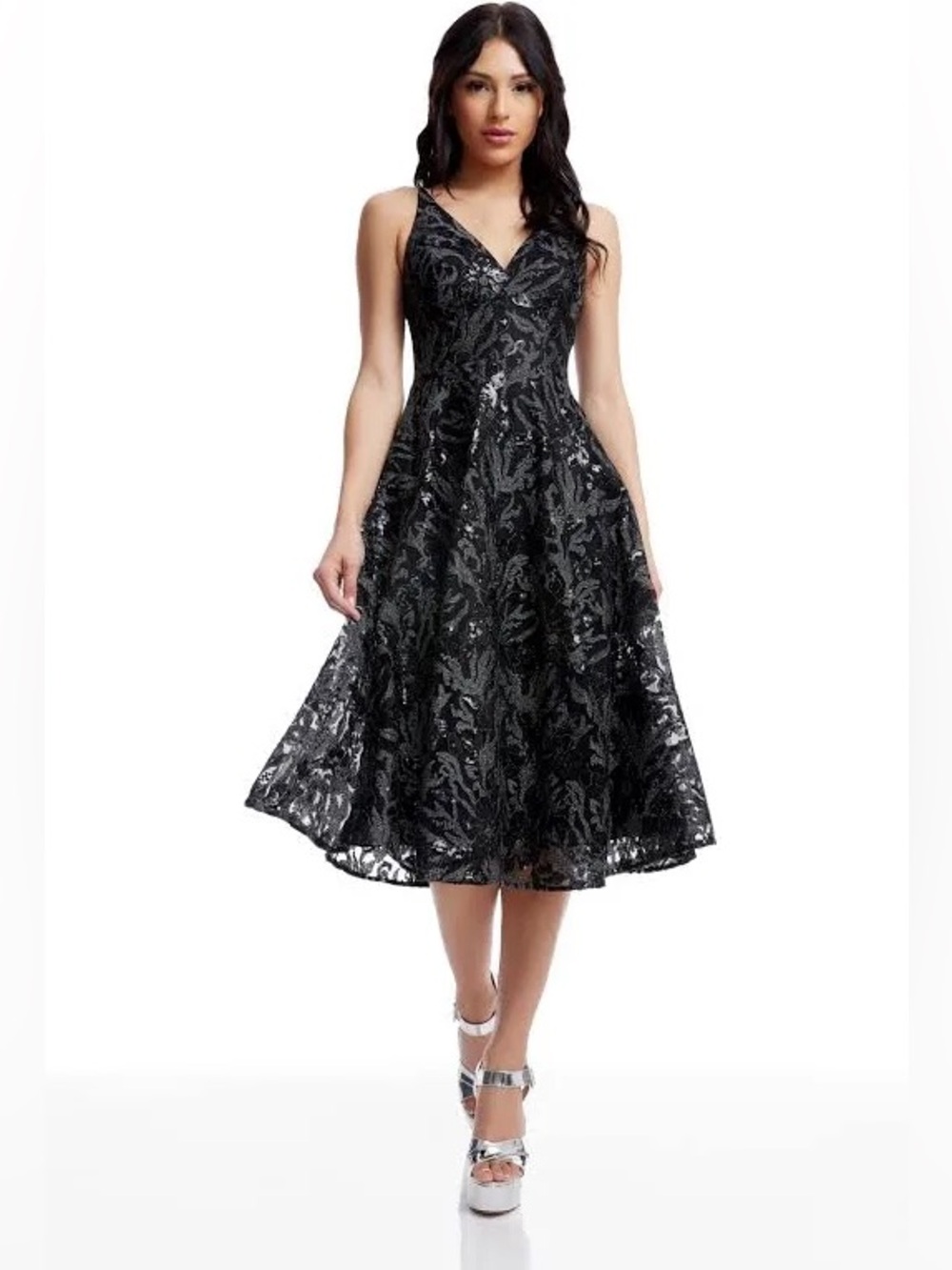 Elisa Sequin Floral Applique Midi Dress